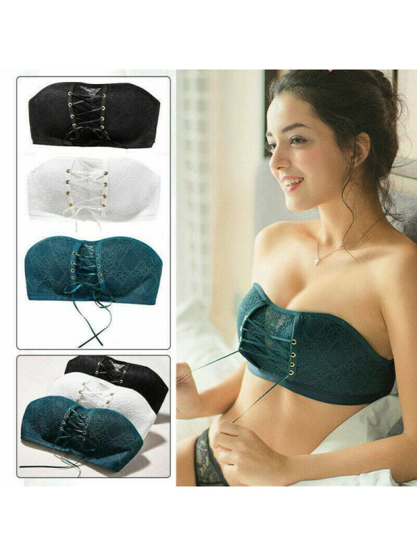 Women Lace Strapless Invisible Bra Push Up Bra Backless Non-Slip Drawstring Bra`