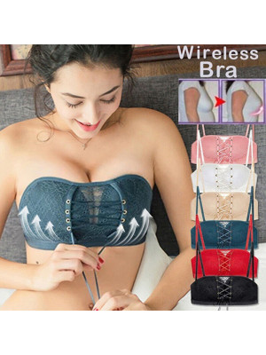 Women Lace Strapless Invisible Bra Push Up Bra Backless Non-Slip Drawstring Bra`