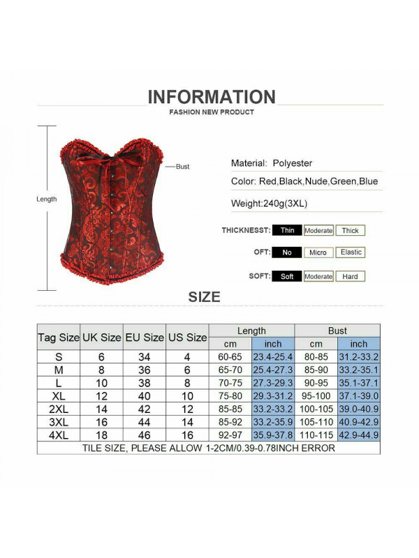 Womens Sexy Overbust Boned Corset Bustier Burlesque Basque Top Lace-Up Costume