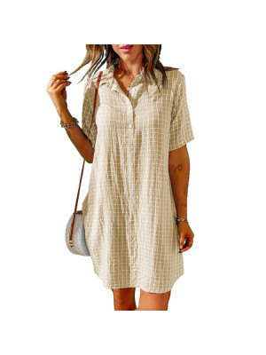 Womens Summer Button Ladies Short Sleeve Plaid Check V Neck Dress Midi Dresses