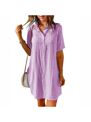 Womens Summer Button Ladies Short Sleeve Plaid Check V Neck Dress Midi Dresses