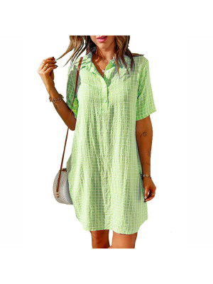 Womens Summer Button Ladies Short Sleeve Plaid Check V Neck Dress Midi Dresses