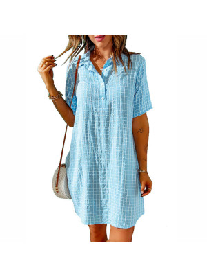 Womens Summer Button Ladies Short Sleeve Plaid Check V Neck Dress Midi Dresses