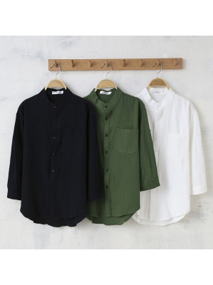 Mens 4/3 Sleeve Linen Shirts Summer Solid Loose Casual Dress Shirt Blouse Tops