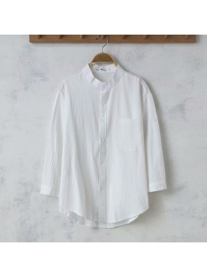 Mens 4/3 Sleeve Linen Shirts Summer Solid Loose Casual Dress Shirt Blouse Tops