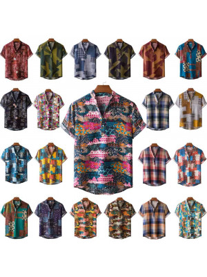 Mens Summer Linen V Neck Floral Printed Tops Shirt Short Sleeve Blouse T-shirt