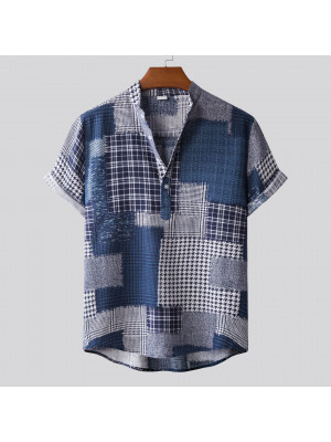 Mens Summer Linen V Neck Floral Printed Tops Shirt Short Sleeve Blouse T-shirt