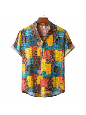 Mens Summer Linen V Neck Floral Printed Tops Shirt Short Sleeve Blouse T-shirt