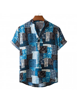 Mens Summer Linen V Neck Floral Printed Tops Shirt Short Sleeve Blouse T-shirt