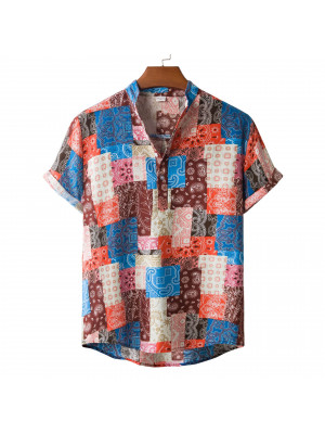 Mens Summer Linen V Neck Floral Printed Tops Shirt Short Sleeve Blouse T-shirt