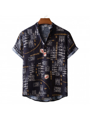 Mens Summer Linen V Neck Floral Printed Tops Shirt Short Sleeve Blouse T-shirt