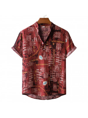 Mens Summer Linen V Neck Floral Printed Tops Shirt Short Sleeve Blouse T-shirt