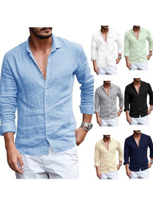 Mens Long Sleeve Cotton Shirts Summer Solid Loose Casual Dress Shirt Blouse Tops