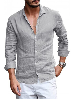 Mens Long Sleeve Cotton Shirts Summer Solid Loose Casual Dress Shirt Blouse Tops