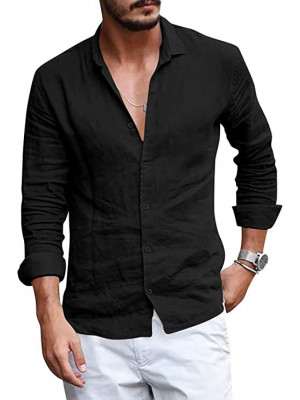 Mens Long Sleeve Cotton Shirts Summer Solid Loose Casual Dress Shirt Blouse Tops