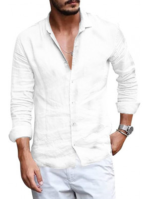 Mens Long Sleeve Cotton Shirts Summer Solid Loose Casual Dress Shirt Blouse Tops