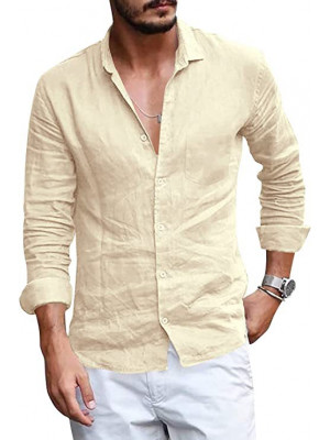 Mens Long Sleeve Cotton Shirts Summer Solid Loose Casual Dress Shirt Blouse Tops