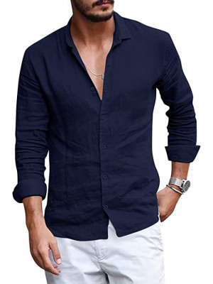 Mens Long Sleeve Cotton Shirts Summer Solid Loose Casual Dress Shirt Blouse Tops