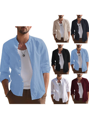 Mens V Neck Solid Long Sleeve T-Shirt Summer Loose Casual Formal Blouse Tops UK