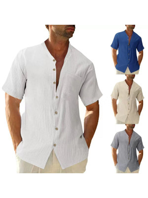 Mens Short Sleeve Linen Shirts Summer Solid Loose Casual Dress Shirt Blouse Tops