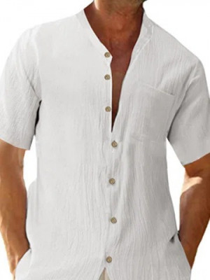 Mens Short Sleeve Linen Shirts Summer Solid Loose Casual Dress Shirt Blouse Tops