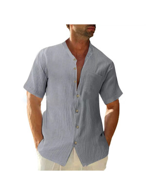 Mens Short Sleeve Linen Shirts Summer Solid Loose Casual Dress Shirt Blouse Tops