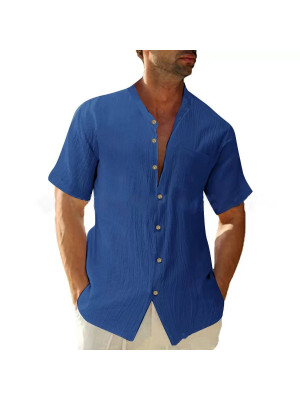 Mens Short Sleeve Linen Shirts Summer Solid Loose Casual Dress Shirt Blouse Tops