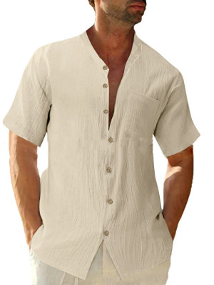 Mens Short Sleeve Linen Shirts Summer Solid Loose Casual Dress Shirt Blouse Tops