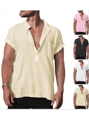 Mens Casual Cotton Linen Shirt Short Sleeve Loose Blouse Button Breathable Tops