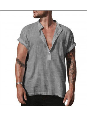 Mens Casual Cotton Linen Shirt Short Sleeve Loose Blouse Button Breathable Tops