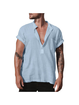 Mens Casual Cotton Linen Shirt Short Sleeve Loose Blouse Button Breathable Tops