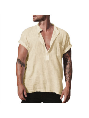 Mens Casual Cotton Linen Shirt Short Sleeve Loose Blouse Button Breathable Tops