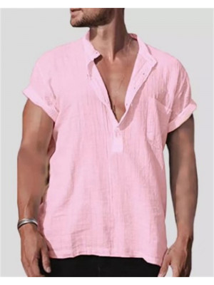 Mens Casual Cotton Linen Shirt Short Sleeve Loose Blouse Button Breathable Tops