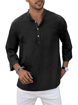 Mens Long Sleeve Linen Shirts Summer Solid Loose Casual Dress Shirt Blouse Tops