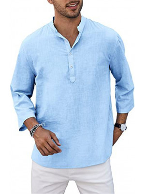 Mens Long Sleeve Linen Shirts Summer Solid Loose Casual Dress Shirt Blouse Tops