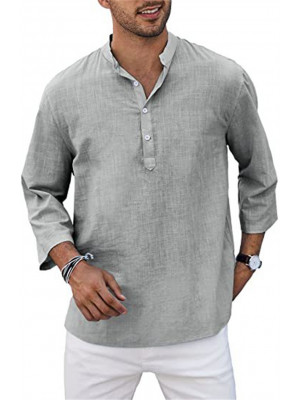 Mens Long Sleeve Linen Shirts Summer Solid Loose Casual Dress Shirt Blouse Tops