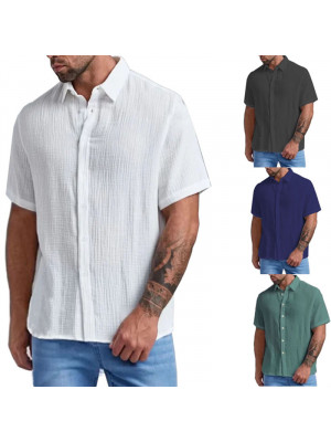 Mens Short Sleeve Cotton Wrinkle Shirts Summer Loose Casual Shirt Blouse Tops