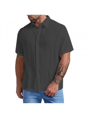 Mens Short Sleeve Cotton Wrinkle Shirts Summer Loose Casual Shirt Blouse Tops