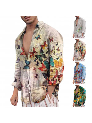 Mens Casual Printing Linen Shirt Long Sleeve Loose Blouse Button Breathable Tops