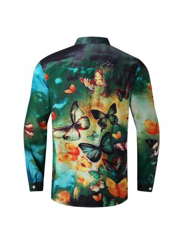 Mens Casual Printing Linen Shirt Long Sleeve Loose Blouse Button Breathable Tops