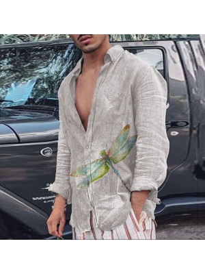 Mens Casual Printing Linen Shirt Long Sleeve Loose Blouse Button Breathable Tops