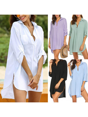 Womens Baggy Shirt Deep V Neck 4/3 Sleeve Ladies Casual Loose Plain Blouse Dress