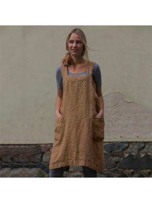 Women's Cotton Linen Bib Apron Sleeveless Home Pinafore Square Cross Work Dress