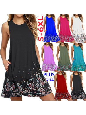 Womens Summer Floral Printing Midi Dress Ladies Holiday Beach Cami Vest Sundress