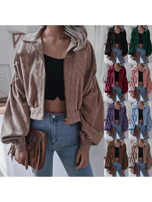 Womens Corduroy Long Sleeve Bomber Jacket Short Coat Winter Biker Zipper Tops