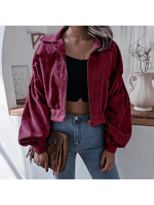 Womens Corduroy Long Sleeve Bomber Jacket Short Coat Winter Biker Zipper Tops