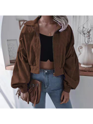 Womens Corduroy Long Sleeve Bomber Jacket Short Coat Winter Biker Zipper Tops