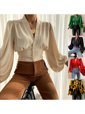 Women's Shirt Lantern Sleeve Waist Single Breasted Ladies V-Neck Blouse Tops