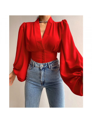 Women's Shirt Lantern Sleeve Waist Single Breasted Ladies V-Neck Blouse Tops