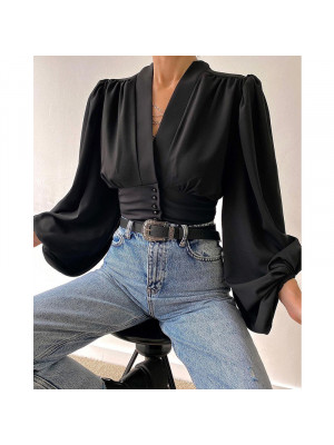 Women's Shirt Lantern Sleeve Waist Single Breasted Ladies V-Neck Blouse Tops